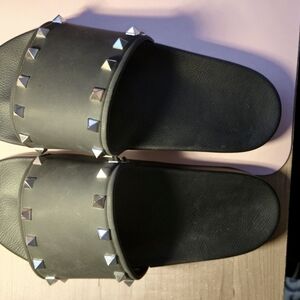 Valentino Black Rubber Slides with Metallic Branding